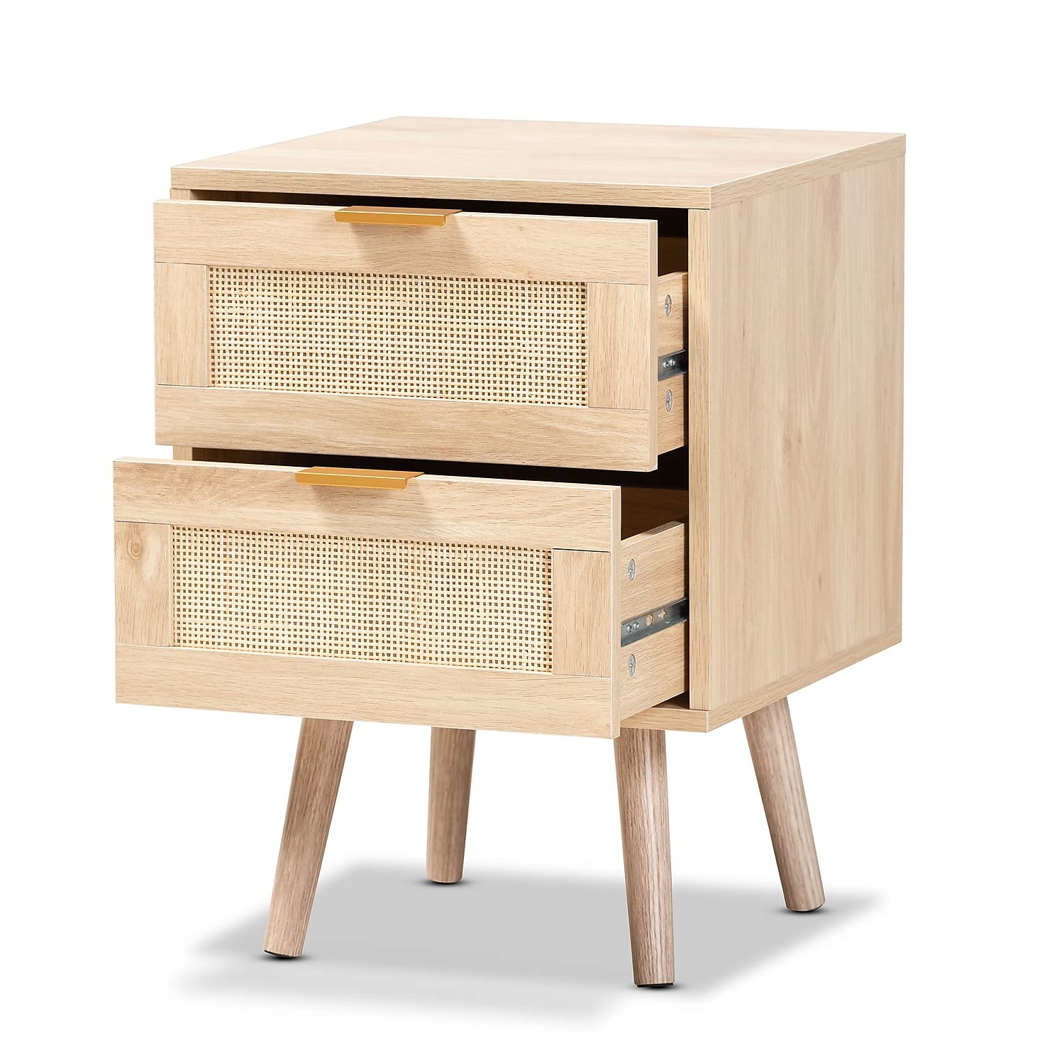 Baxton Studio Baird Mid-Century Modern Light Oak Brown Finished Wood and Rattan 2-Drawer Nightstand